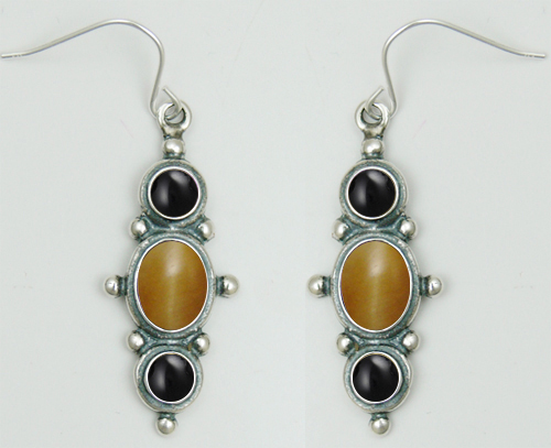 Sterling Silver Drop Dangle Earrings With Cat's Eye And Black Onyx